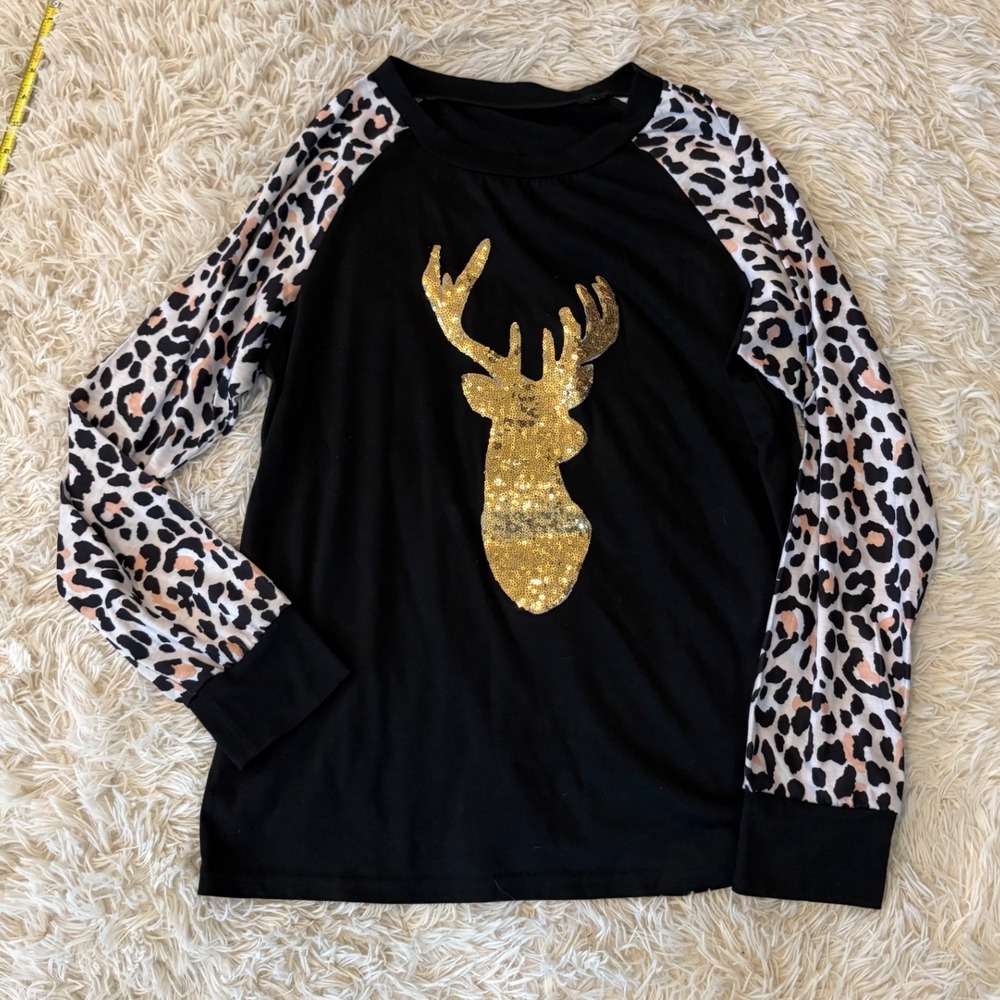 Sparkling Gold Deer Sequin Long Sleeve‎ Raglan Top Women Leopard Print Casual
